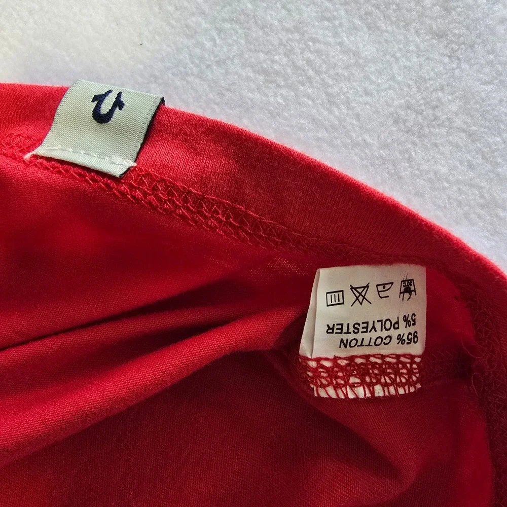 True Religion Mens Red Crackle Print Horseshoe Logo Graphic T-Shirt XXL Y2K 90s